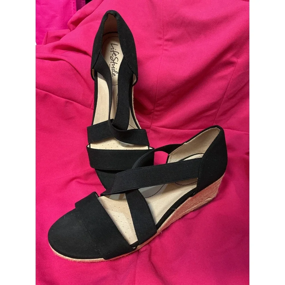 LifeStride Soft System Wedge Sandals Womens 10M Black NWOT Espadrille‎ Strappy
